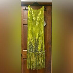 Nanette Lepore Lime Green/yellow Sequin long flapper Dress with Fringe.